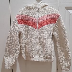 Girls Faux Sherpa Zip Jacket Size S (6-7), ColorBlock White & Pink